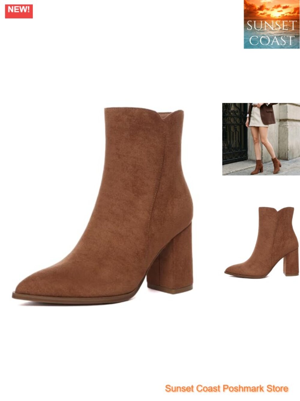 Chunky High Heel Pointed Toe Ankle Booties Suede